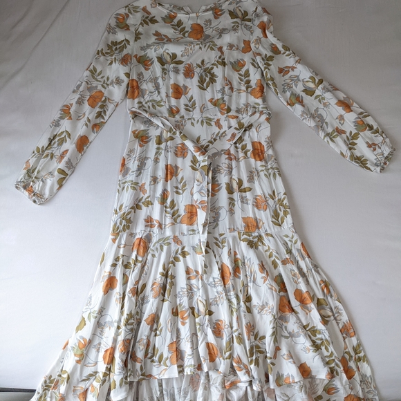 Boho Long Sleeve Floral Print Fitted Dress Flowy Hi Low Hem White & Orange Small - Picture 2 of 7